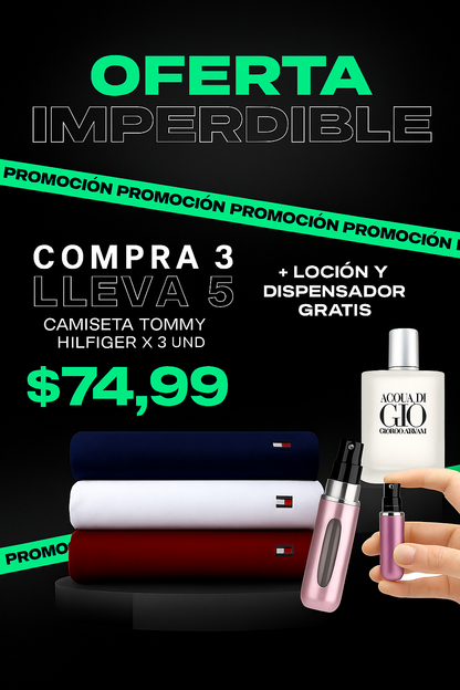 Compra 3 camisetas  y llévate 1 perfume masculino + dispensador de perfume GRATIS