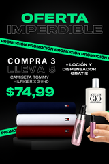 Compra 3 camisetas  y llévate 1 perfume masculino + dispensador de perfume GRATIS