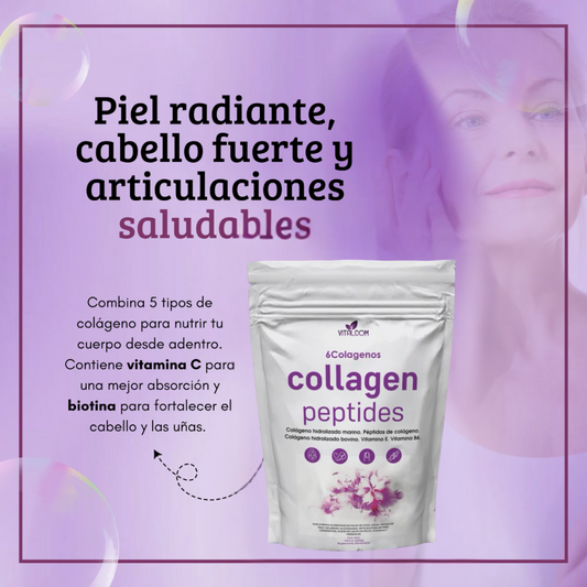Collagen Peptides – 6 Tipos de Colágeno + Vitaminas para Piel, Cabello, Uñas y Articulaciones